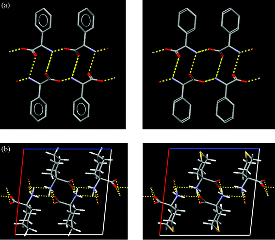 Functional group exchanges and isostructurality located by the GRX program. (a) Isostructural pair of crystal structures obtained by substituting a phenyl group (CSD refcode FIVGEW) by a cyclohexadienyl group (CSD refcode CHEDGL10). Hydrogen bonds are shown in yellow. (b) Isostructural pair of crystal structures obtained by substituting a –CH2– group (CSD refcode ACYHXA) by a sulfur atom –S– (CSD refcode ACXTPY). Hydrogen bonds are shown in yellow.