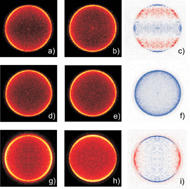 Images of Cl(2P3/2) atoms from photolysis of BrCl at 467.16 nm: (a) and (b) were obtained with εphot aligned parallel to Y
						(i.e. perpendicular to the TOF axis (Z), and vertical in the plane of the displayed image) and εprobe linearly polarised along, respectively, Y
						(the MY image) and Z
						(MZ). (c) displays the alignment anisotropy image {MZ
						− MY}. (d) and (e) show the corresponding MXR and MXL images, obtained with εphot aligned parallel to Y and εprobe respectively right and left circularly polarised, while (f) shows the alignment-free combination image {MZ
						+ MY
						− 1/3 (MXR
						+ MXL)}. Images (g) and (h) were recorded with left circularly polarised photolysis radiation and, respectively, left and right circularly polarised probe laser radiation; {M′XR
						− M′XL}, the difference between these two images, is shown in (i). The difference images (c) and (i) are both plotted using the convention blue = positive, white = zero and red = negative, though each has been normalised independently to allow use of the full colour range.