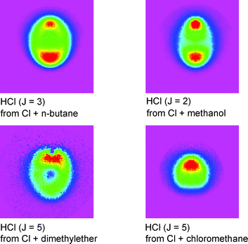 Examples of images of HCl (v
						= 0, J) products from the reaction of Cl atoms with: (a)
						n-butane, (J
						= 3 products, from ref. 160); (b) methanol, (J
						= 2, ref. 161); (c) dimethyl ether, (J
						= 5, ref. 161); and (d) chloromethane, (J
						= 5, ref. 162). The Cl + dimethyl ether image in (c) has a small section missing from the upper (backward scattering) part due to imperfect subtraction of strong background due to photoionization and fragmentation of dimethyl ether.