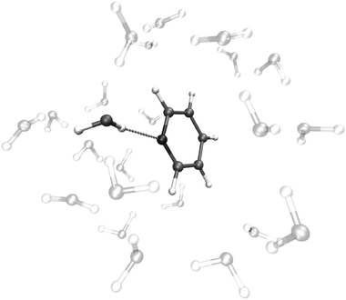 Snapshot of the pyridine molecule H-bonded to a water molecule extracted from the MD simulation.