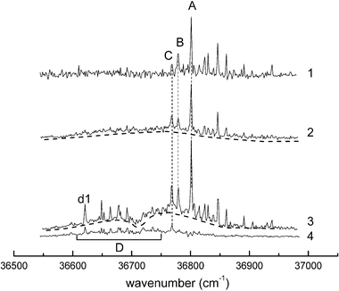 Mass selected R2PI spectra of the hydrated complexes of α-PhFuc observed at different delays (t) between the pulsed molecular beam expansion and the ionizing UV laser pulse. (1) t = 520 μs, (2) t = 550 μs, (3) and (4) t = 600 μs. (1), (2) and (3) recorded in the α-PhFucW+ ion channel and (4) recorded in the α-PhFucW2+ ion channel.