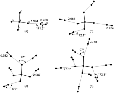 A few representative MP2/6-31G** optimized structures of the complex SO2−4–(H2)n: (a) n = 1 (b) n = 4 (c) n = 5 (d) n = 8. All distances (H–H and O–H) are given in Å.