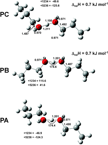 Structures of the three lowest-energy conformers found for the propanol proton-bound dimer.