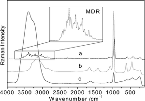Raman spectra of AS. (a) Levitated droplet; (b) crystalline powder; (c) water solution 15 wt%.