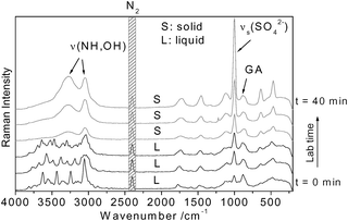 Raman spectra during the building of a crystalline layer on the surface of an AS–GA 50 : 50 droplet at 75% RH and 297 K.