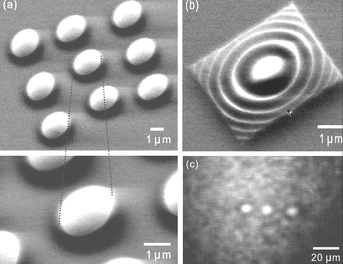 Scanning electron microscopy images of several Si microlenses fabricated by LON. (a) Array of 9 microlenses. The lenses are of 2 µm diameter. (b) Circular Si microlenses. (c) Infrared optical image taken at the focal plane of a 1 × 3 microlens array. The diameter of each lens is 8 µm (from ref. 28).