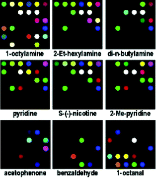 A base-sensitive array was used to obtain the color change profiles exhibited for various organic compounds in aqueous solvents (all amines 10 mM, all other analytes 50 mM, in pH 7 phoshate buffer). Not all patterns are shown from the original publication. Reprinted with permission from Suslick et al.,25J. Am. Chem. Soc. 2005, 127, 11548. © 2005 American Chemical Society.