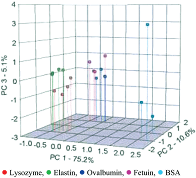 A PCA score plot indicating the recognition and separation of four trials of five different proteins and glycoproteins by 2. Percentages on the axes detail the amount of variance defined within the PC axes. Reprinted with permission from Anslyn et al.,15Angew. Chem., Int. Ed., 2005, 44, 6375. © 2005 Wiley-VCH.