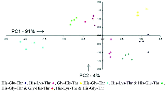 Two-dimensional PCA plot describing 95% of the variance. Clustering of the analytes illustrates the ability of the differential array of resin-bound receptors to discriminate various tripeptides and mixtures of tripeptides. Reprinted with permission from Anslyn et al.,16J. Am. Chem. Soc., 2005, submitted. © 2005 American Chemical Society.