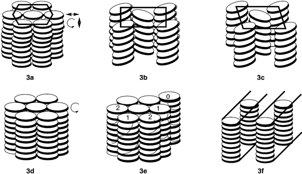 Schematic representation of (a) hexagonal columnar phase (b) rectangular columnar phase (c) columnar oblique phase (d) columnar plastic phase (e) helical phase and (f) columnar lamellar phase.