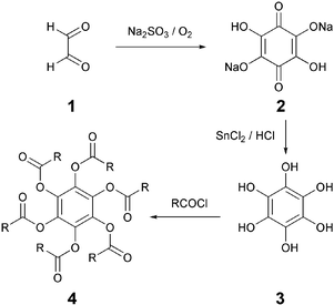Synthesis of hexaalkanoyloxybenzene derivatives.