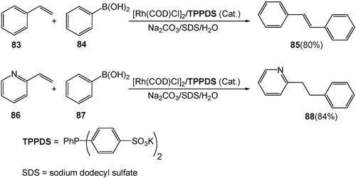 Rh-catalyzed reaction of un-activated olefins with arylboronic acids in water.
