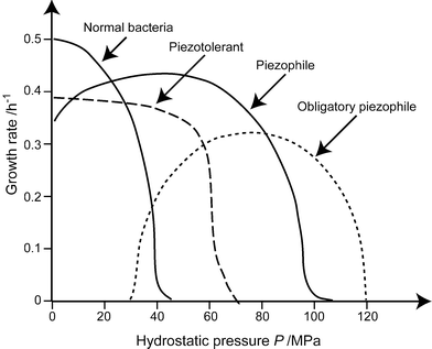 Definitions of the relations between growth rate of microorganisms and pressure. Piezophile microorganisms display a maximum growth at high pressure. They can either grow at atmospheric pressure or not, and are called strictly piezophile in the latter case. Piezotolerant microorganism grow best at atmospheric pressure, but can sustain high pressure, whereas mesophile or piezosensitive microorganisms totally stop growing at 40–50 MPa. (Redrawn after ref. 57.)