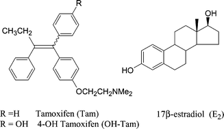 Tamoxifen, its active metabolite hydroxytamoxifen, and estradiol, an oestrogen.