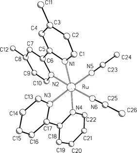 Molecular structure of [Ru(bpy)(Me2bpy)(CH3CN)2]2+, the cation of 6·C4H10O. Hydrogen atoms, anions and solvent have been omitted for clarity.