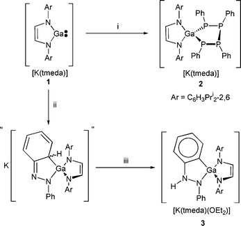 i) cyclo-(PPh)5, THF; ii) PhNNPh, Et2O, [4 + 1]; iii) 1,3-H shift.