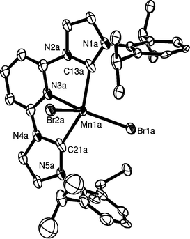 ORTEP representation of the molecular structure of 3 (50% probability ellipsoids) showing one refined orientation of the molecule. Hydrogen atoms and one thf molecule are omitted for clarity. Important bond lengths (Å) and angles (°): Mn(1A)–C(13A) 2.206(2), Mn(1A)–C(21A) 2.210(2), Mn(1A)–Br(1A) 2.5458(7), Mn(1A)–Br(2A) 2.5708(7), Mn(1A)–N(3A) 2.2574(16); C(13A)–Mn(1A)–C(21A) 143.58(8), C(13A)–Mn(1A)–N(3A) 74.99(7), C(21A)–Mn(1A)–N(3A) 71.60(6), Br(1A)–Mn(1A)–Br(2A) 124.57(3), N(3A)–Mn(1A)–Br(2A) 84.52(4), C(21A)–Mn(1A)–Br(2A) 93.48(6), C(13A)–Mn(1A)–Br(2A) 97.41(6).
