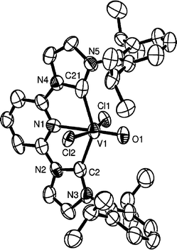 ORTEP representation of the molecular structure of 6 (50% probability ellipsoids). Only one out of two identical molecules in the asymmetric unit is shown. Hydrogen atoms are omitted for clarity. Important bond lengths (Å) and angles (°): C(2)–V(1) 2.169(10), C(21)–V(1) 2.182(11), O(1)–V(1) 1.600(5), N(1)–V(1) 2.275(7), Cl(1)–V(1) 2.398(3), Cl(2)–V(1) 2.421(3); Cl(1)–V(1)–Cl(2) 161.97(10), C(2)–V(1)–N(1) 71.6(3), C(21)–V(1)–N(1) 70.4(3).
