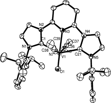 ORTEP representation of the cation in 7 (50% probability ellipsoids). Hydrogen atoms, BF4− anions and one MeCN molecule are omitted for clarity. Important bond lengths (Å) and angles (°): V(1)–C(1) 2.129(3), V(1)–C(21) 2.136(3), V(1)–N(3) 2.236(2), V(1)–O(1) 1.5913(19), V(1)–N(7) 2.091(2); C(1)–V(1)–N(3) 72.04(9), C(21)–V(1)–N(3) 71.59(9).