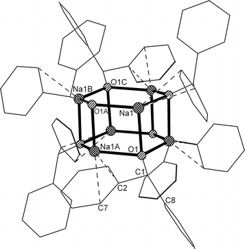 Structure of 4 (six times the asymmetric unit). Selected bond lengths (Å) and angles (°): Na1–O1 2.304(2), Na1–O1A 2.292(2), O1A–Na1B 2.209(2), Na1A–C2 2.799(3), Na1A–C7 2.892(4), C1–O1 1.383(3), C1–C2 1.531(4), C1–C8 1.511(4); Na1-O1A–Na1B 117.2(1), O1A–Na1B–O1C 121.6(1), O1–Na1–O1A 94.0(1), Na1–O1–Na1A 85.7(1), Na1–O1A–Na1A 83.9(1), O1–C1–C2 108.4(2), O1–C1–C8 114.6(3), C2–C1–C8 112.0(3).