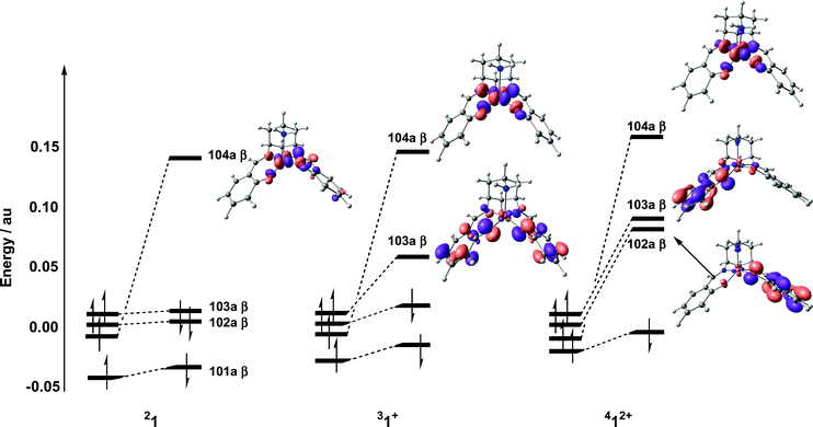 Comparison of frontier orbitals for 21, 31+ and 412+ (in each case the symmetric combination of spin-α phenol π* orbitals is taken as the energetic reference point).