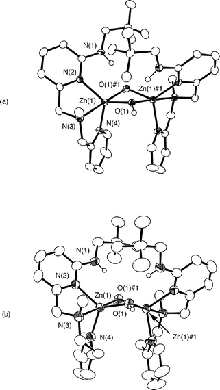 ORTEP drawings of the cationic portions of 2·CH3CN and 3·0.5CH2Cl2·0.5CH3CN. All hydrogen atoms, except the hydroxyl and secondary amine protons, have been omitted for clarity. Ellipsoids are drawn at the 50% probability level for 2·CH3CN and at the 35% probability level for 3·0.5CH2Cl2·0.5CH3CN.