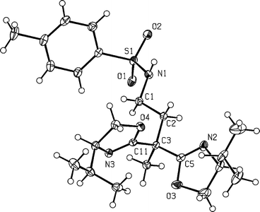 Molecular structure of compound 5. Selected bond lengths (Å) and angles (°): C5–N2, 1.263(3); C11–N3, 1.270(2); N1–S1, 1.6107(16); O1–S1, 1.4376(15); O2–S1, 1.4338(15); C5–C3–C11, 106.21(14); N2–C5–O3, 119.10(19); N2–C5–C3, 127.62(18); N3–C11–O4, 118.57(15); N3–C11–C3, 127.36(16); O1–S1–O2, 120.15(8).