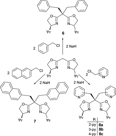 Synthesis of the bisoxazoline ligands 6–8 containing two sidearms.