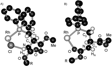 Proposed structures for the [RhCl(ZSerPhos)] fragment in 8 (A) and the [Rh(ZSerPhos)]+-fragment in 12 (B) in solution based on NMR data.