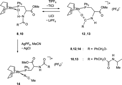 Chloride abstractions from 8 or 10 with TlPF6 to give 12 or 13, respectively. Reaction of 8 with AgPF6 in MeCN gives 14.