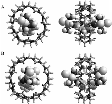 Molecular model of di-Pt encapsulated in (A) Q[7] and (B) Q[8] generated using HyperChem. The platinum complex was inserted into the cucurbituril in a variety of different starting positions. Energy minimisation of the encapsulated-di-Pt was then carried out to convergence.