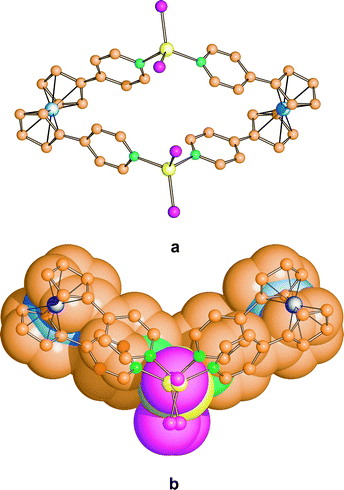 (a) The crystal structure of [Fe(η5-C5H4-1-C5H4N)2]2Zn2Cl4 showing tetrahedral coordination geometry around the zinc centres. (b) This coordination geometry will lead to the formation of a butterfly-type molecule as shown by the space filling representation.
