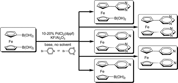 The solid-state synthesis of mono- and bis-substituted pyridine and pyrimidine ferrocenyl derivatives starting from ferrocene-1,1′-diboronic acid, [Fe(η5-C5H4–B(OH)2)2].