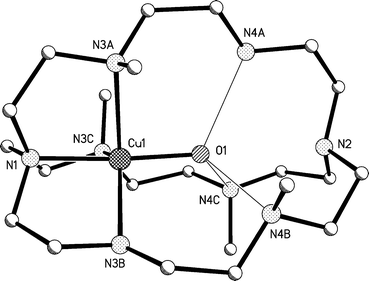 Structure of the [CuL2(H3O)]3+ cation of cryptate 2a. Hydrogen bonds shown as solid lines and the minor component of the disorder has been omitted for clarity.