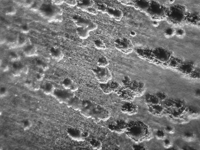 Pitting corrosion on a stainless steel surface after 3 h of reaction at 50 bar of CO (under × 500 magnification).