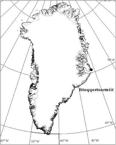 Map of Greenland showing the sampling location of ringed seals collected between 1986 and 2004 used for PBDE and PCB analysis.