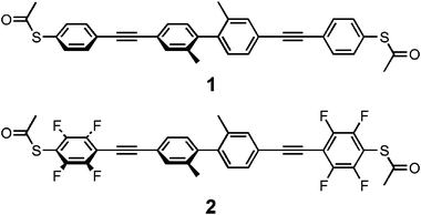 The molecular rods 1 and 2, both consisting of two separated phenyl–ethynyl–phenyl π-systems. Effective electronic barriers are created in both molecular rods by considerable torsion angles between both phenyl rings of their central biphenyl-subunits. While structural features remain equal, electronic properties of 2 are considerably varied compared to 1 by fluorine substituents.