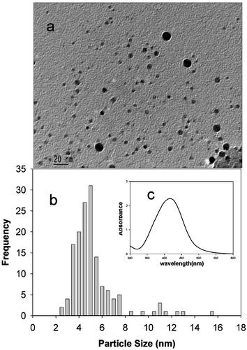 (a) Typical TEM image of the “starched” silver nanoparticles synthesized in microwave radiation (average particles size = 5.9 nm, δ = 2.0 nm); (b) particle size distribution; (c) UV-Visible absorption spectrum.