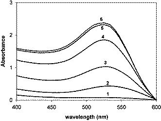 Time evolution of the surface plasmon absorption band indicating the continuous formation of the gold nanoparticles. The time intervals are: (1) 40 min; (2) 43 min; (3) 44 min; (4) 45 min; (5) 47 min; (6) 50 min.