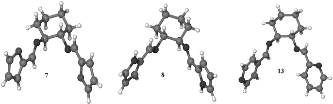 Molecular structures of (a) N,N′-bis(furan-2-ylmethylene)cyclohexane-1,2-bis-imine, 7; (b) N,N′-bis(1H-pyrrol-2-ylmethylene) cyclohexane-1,2-bis-imine, 8; (c) N-(pyridin-2-ylmethylene)-N′-(pyridin-4-ylmethylene)cyclohexane-1,2-bis-imine, 13.