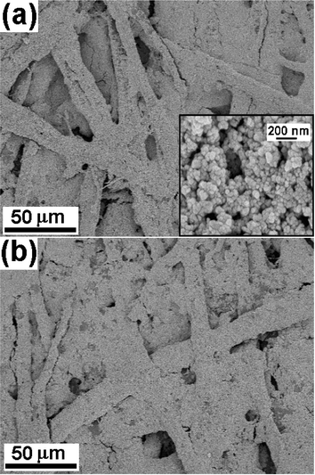 SEM images of ZnO nanoparticles coated paper obtained after (a) 20 min and (b) 30 min of sonication. Inset shows magnified image of the ZnO nanoparticles bound to cellulose fibers.