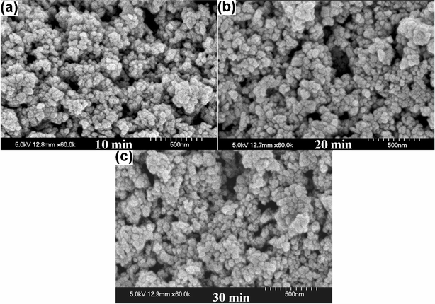 Magnified SEM images of paper surface coated with ZnO nanoparticles obtained after (a) 10, (b) 20, and (c) 30 min of sonication.