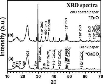 Representative XRD spectra obtained from (a) blank paper and (b) ZnO nanoparticles coated paper obtained after 20 min of sonication.