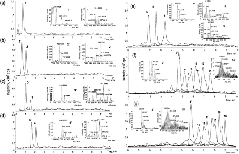 Extracted ion chromatograms (XIC) of selenium containing peptides and their sulfur-containing analogues in nanoHPLC-ESI-TOFMS. XIC mass window of 0.5 amu centered on the most intense peak of the isotopic pattern was used. The insets contain mass spectra taken at the peak apices for each Se-peptide and its sulfur analogue. The labels refer to peaks in the nanoHPLC-ICP-MS chromatogram (Fig. 2). The “prime” characters refer to the corresponding methionine-containing peptides (with an exception of peptide 5 containing both methionine and selenomethionine).