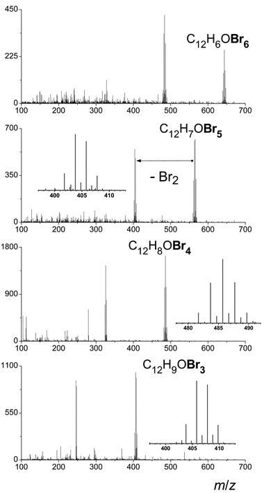 EI ionization spectra for the tetra-, penta- and hexa-brominated congeners, each at the level of 100 μg L−1.