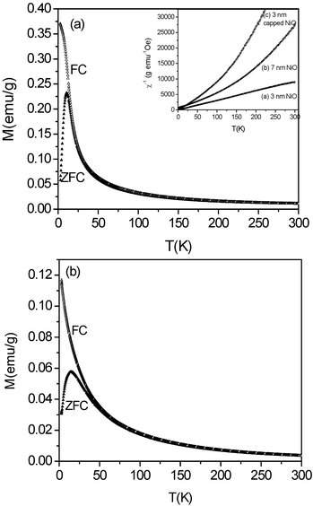 The temperature dependence of dc magnetization of (a) 3 nm and (b) 7 nm NiO nanoparticles under ZFC and FC conditions (H
						= 100 Oe). The inset shows the inverse susceptibility vs. temperature curves of the (a) 3 nm and (b) 7 nm particles; (c) shows the data for TOPO-capped 3 nm NiO nanoparticles.