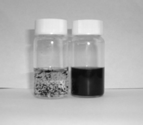 Picture showing water dispersions (1 mg mL−1) of reduced exfoliated graphite oxide without PSS (left) and with PSS (right).