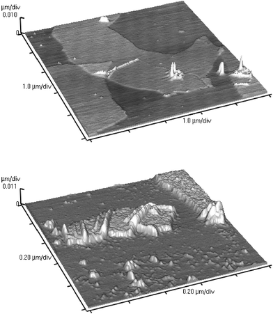 A) Non-contact mode AFM image of exfoliated graphite oxide nanoplatelets (top). B) Non-contact mode AFM image of polymer-coated reduced graphite oxide nanoplatelets (bottom).