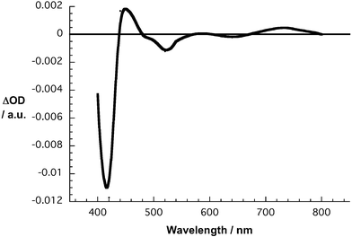 Differential absorption spectrum (near-infrared) obtained upon nanosecond flash photolysis (532 nm) of SWNT/H2P in nitrogen saturated DMF with a 50 ns time delay at room temperature.