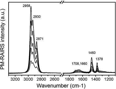 PM-RAIRS spectra of the hydrophobic coating layer deposited from the CH4–He plasma as a function of the number of passes. The plasma passes are 1, 3, 5, 7, and 9 from the lowest to highest intensity. The pass speed was 6 cm min−1.